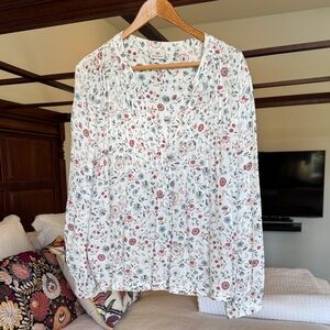 AG Floral Print Women's Top - White with Red, Tan and Blue Accents